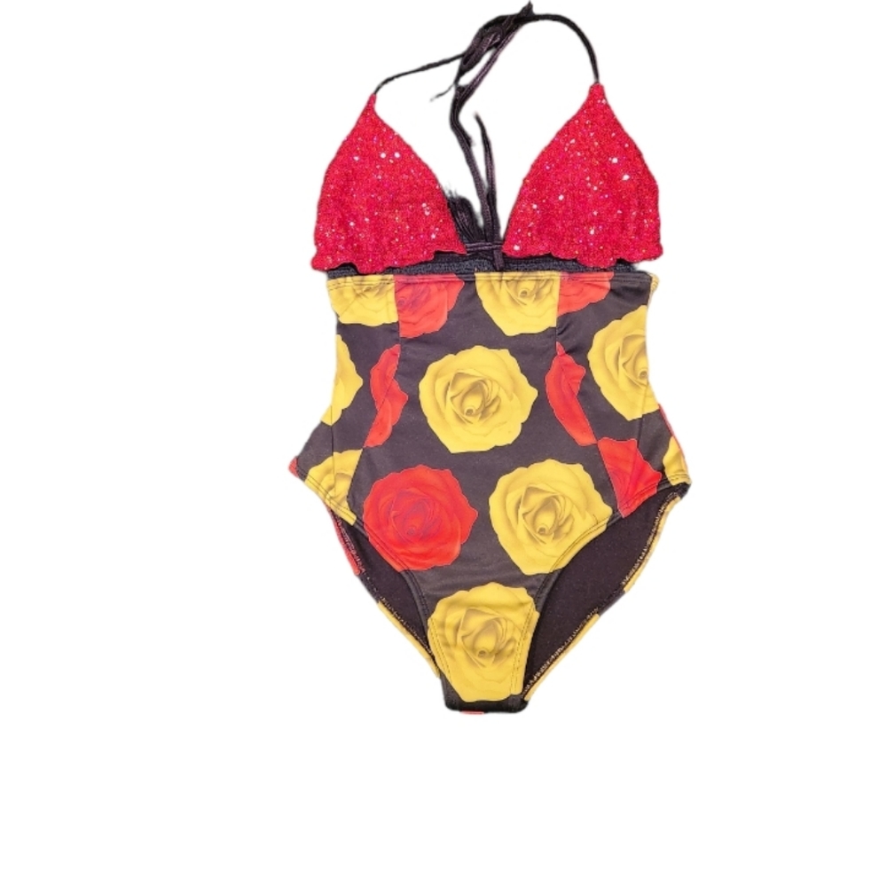 Roses of yellow &red high waisted bottoms sequins bikini top.